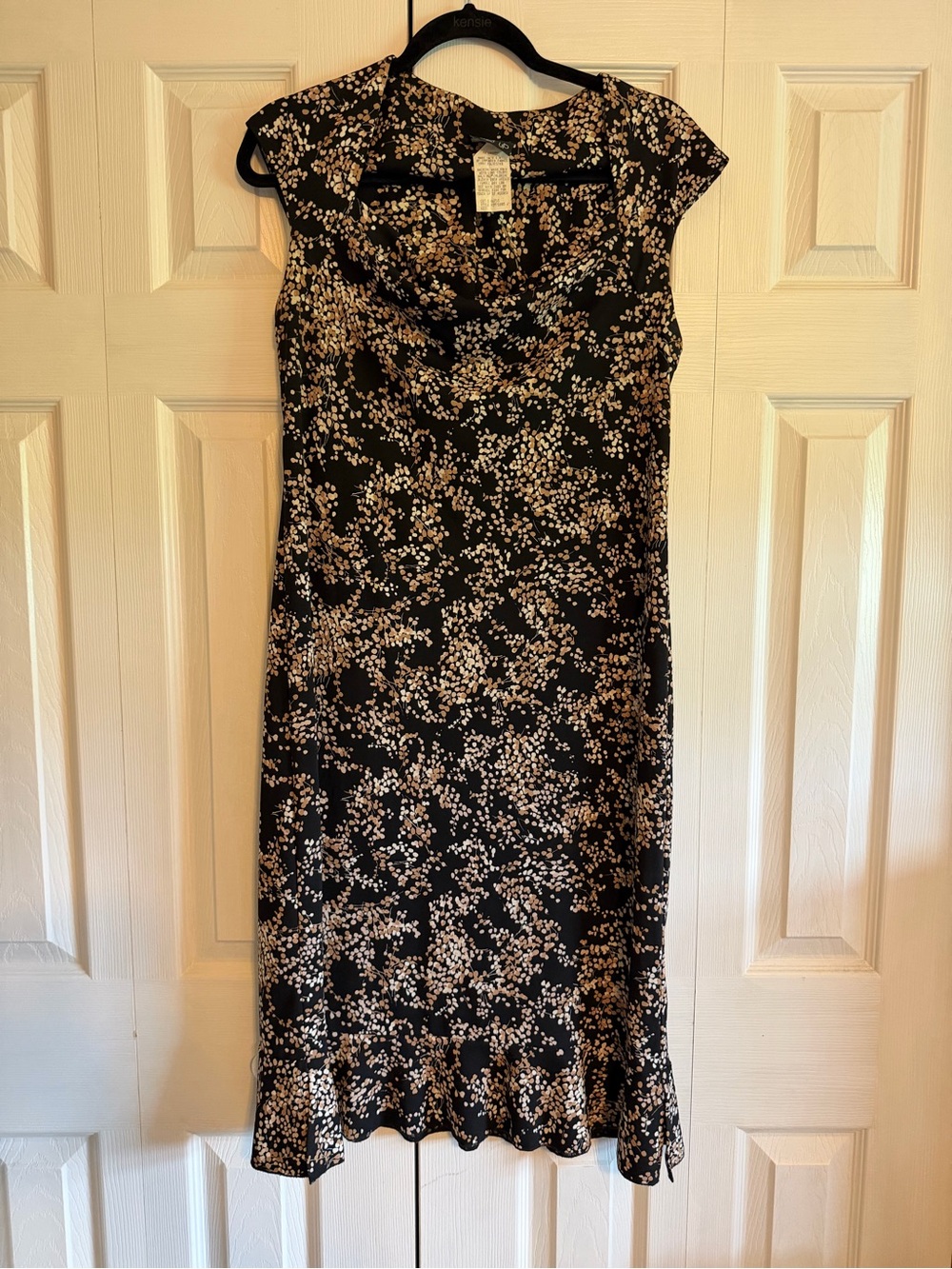 Black Midi Dress with Cream Floral Dot Pattern